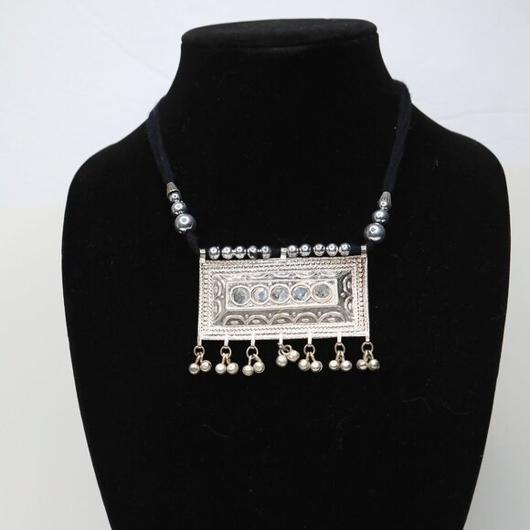 Set of 2 Handmade Ornate Silver Pendant Necklaces Yarn Cord Statement Jewelry - Picture 7 of 8